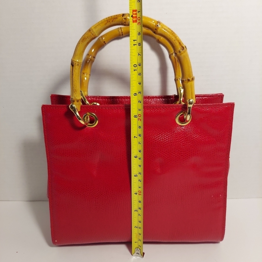 Giorgio Beverly Hills Hand Bag Red Faux Leather Bamboo Straps Minor Damage - Picture 16 of 16